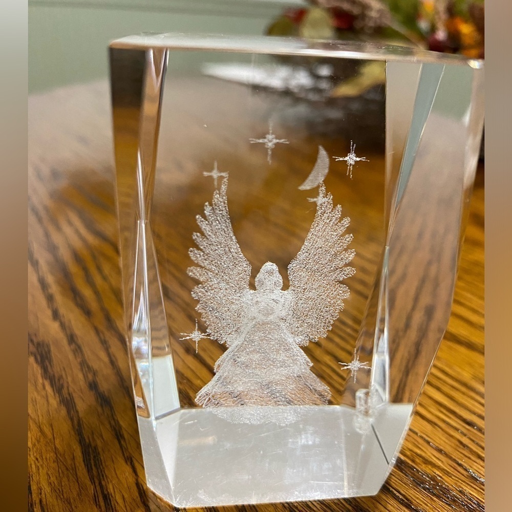 Crystal Glass 3D Laser Etched ANGEL & STARS Cube Paperweight 3"x2"x2" W/Box